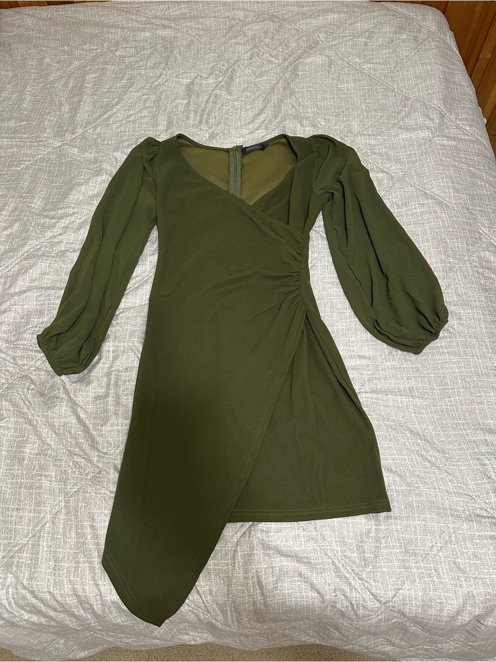 Olive Green Wrap Mini Dress with Bishop Sleeves